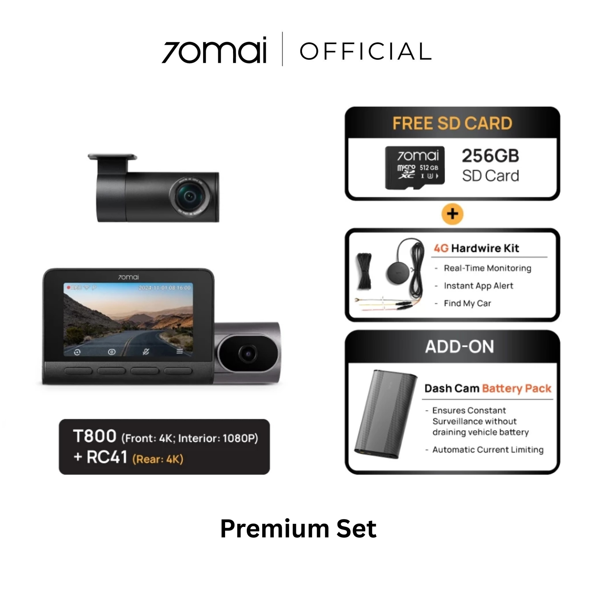 アクセサリー 70mai Dash Cam 4K T800 Premium set 70mai T800 4K 3-Channel Dashcam | 4G & GPS | Malaysia – 70mai Malaysia
