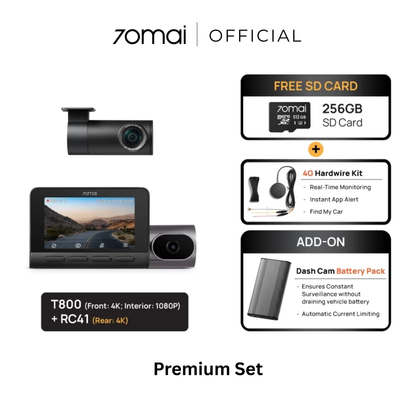 Triple-channel dashcam premium set with dual 4K cameras and front display