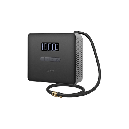 Compact black air compressor pump with digital screen and connected hose