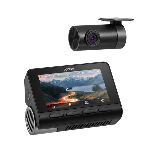 Black rear camera module with lens and top mount, shown with dashcam screen