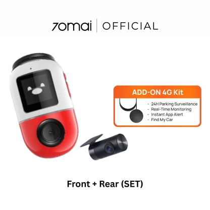 Red and white dashcam with front lens and detached rear camera