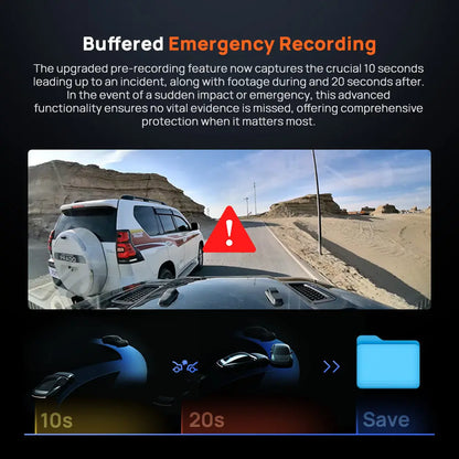 Black dash cam mounted on a car dashboard with emergency recording status overlay