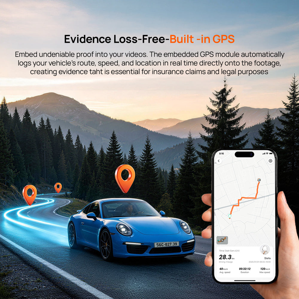 Dash cam built-in GPS evidence graphic with phone map and vehicle route icons