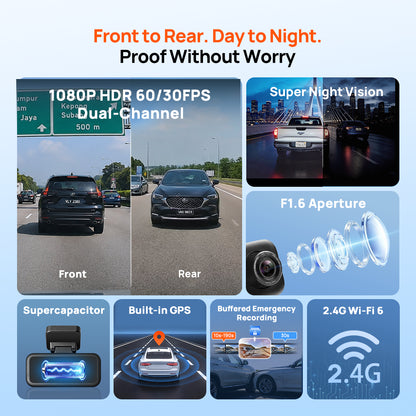 Dual-channel dash cam day-night recording graphic showing front and rear camera views