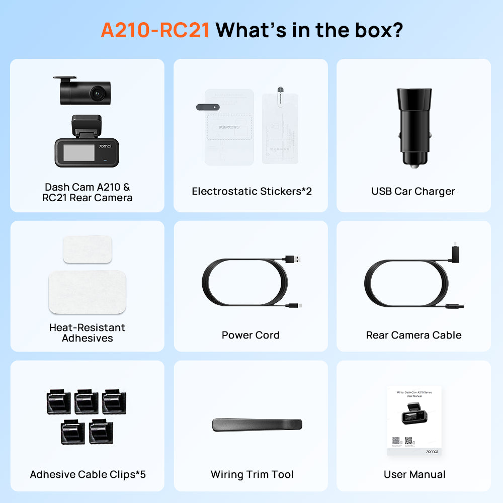Dash cam box contents set with rear camera, charger, cables, adhesive pads, clips, and manual