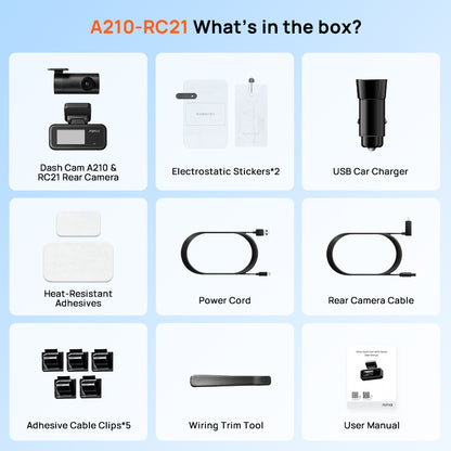 Dash cam box contents set with rear camera, charger, cables, adhesive pads, clips, and manual