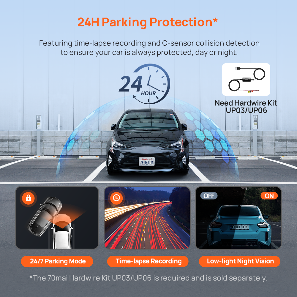 24H parking protection mode with time-lapse recording and night vision preview
