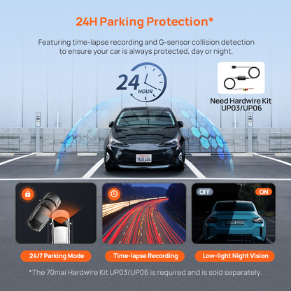 24H parking protection mode with time-lapse recording and night vision preview
