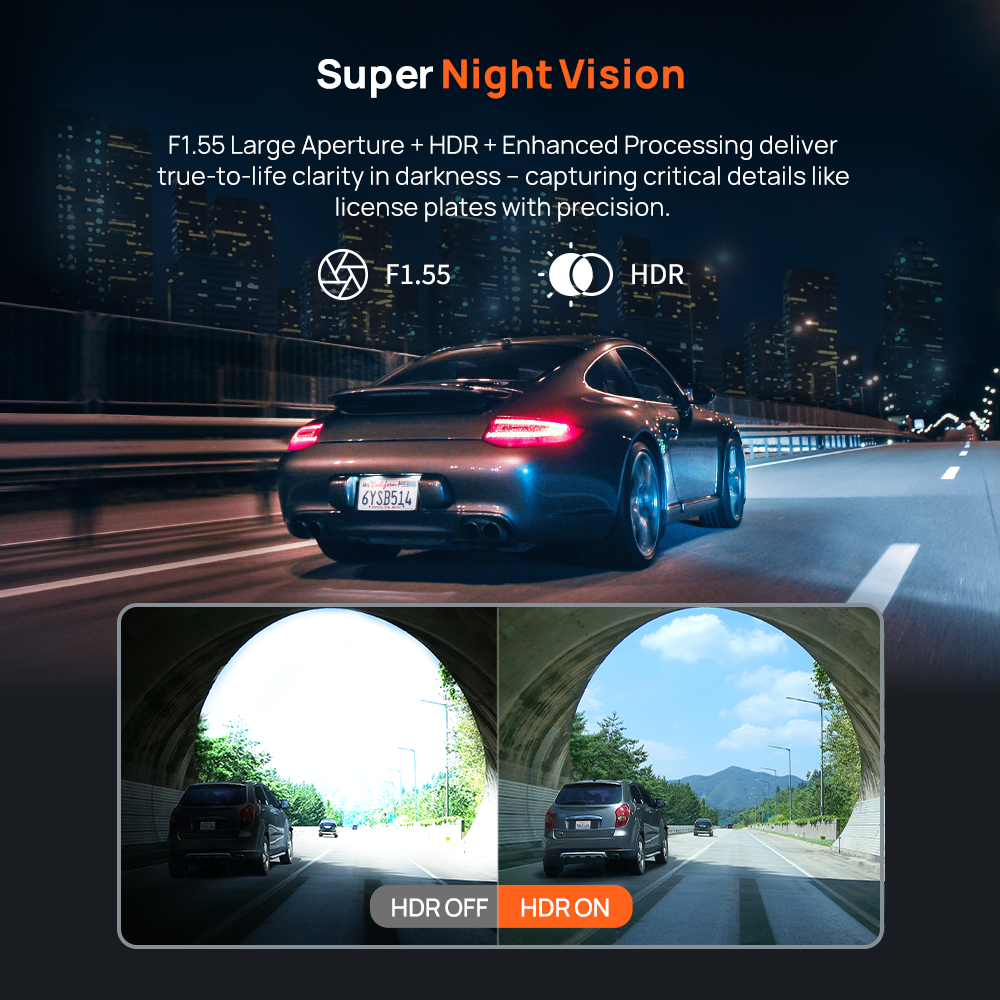 Super Night Vision example with HDR on/off views on a road at night