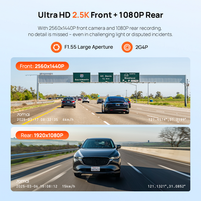 Dashcam front and rear recording examples: 2.5K front plus 1080P rear
