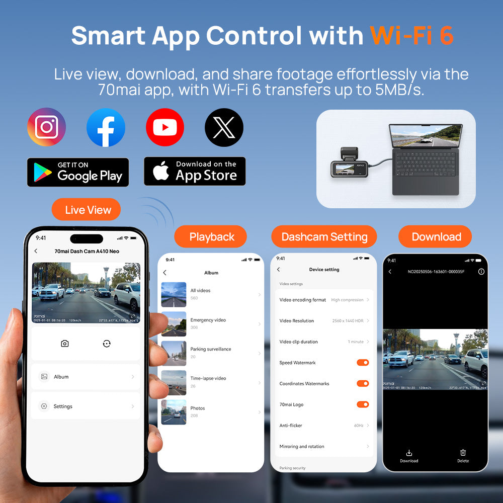 Black dashcam with smartphone app showing live view, playback, and download screens