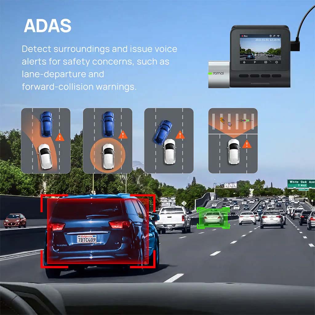 A500s dashcam ADAS detection screen with lane and vehicle warning highlights