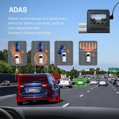 A500s dashcam ADAS detection screen with lane and vehicle warning highlights