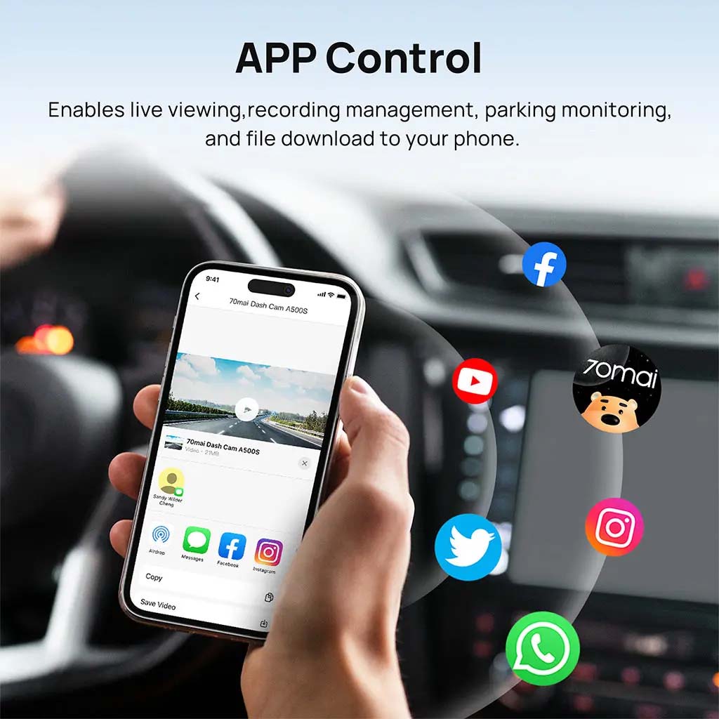 Dashcam app control on a smartphone with live view and download icons