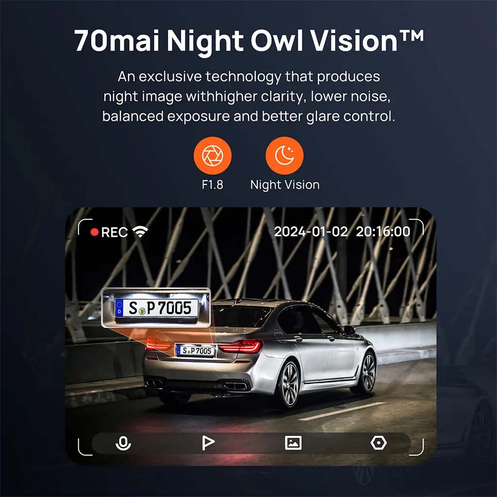 Dashcam night recording screen showing low-light road view