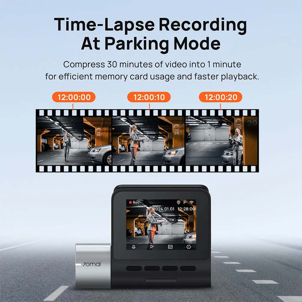 Dashcam in parking time-lapse mode, front screen with garage scene