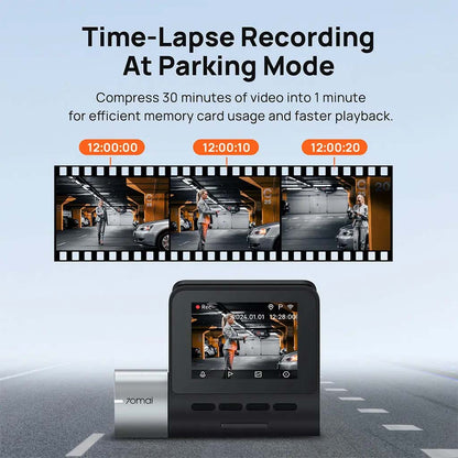 Dashcam in parking time-lapse mode, front screen with garage scene