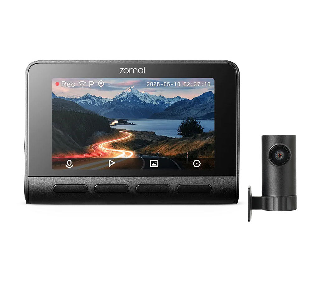 Front and rear dashcam with built-in screen and external rear camera module