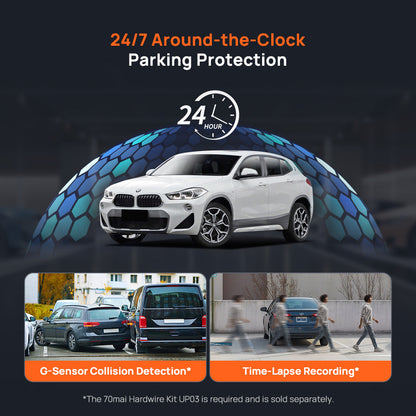 Dashcam parking protection system with vehicle overview and collision warning icons