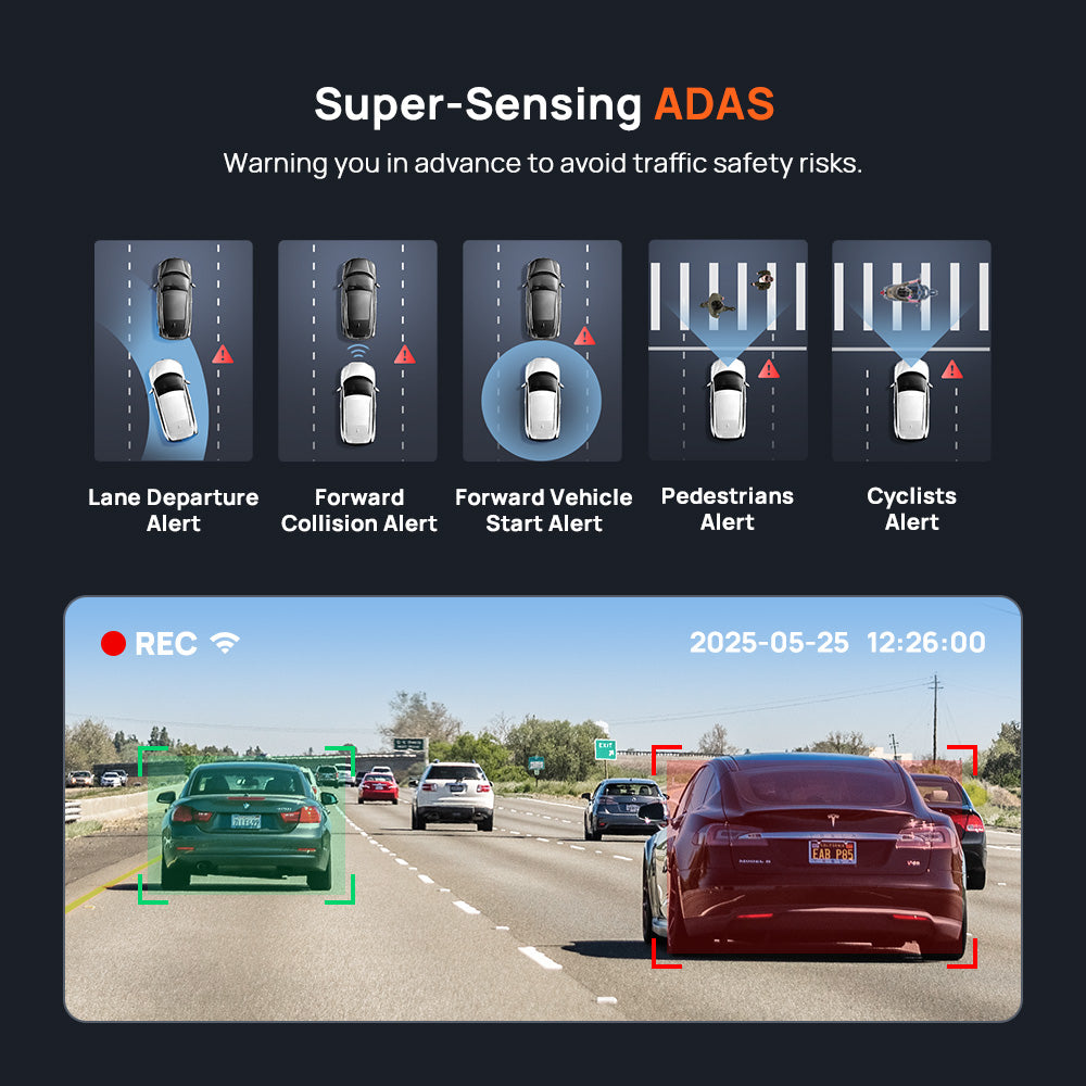 Dashcam ADAS alert display over a road view with vehicle detection boxes