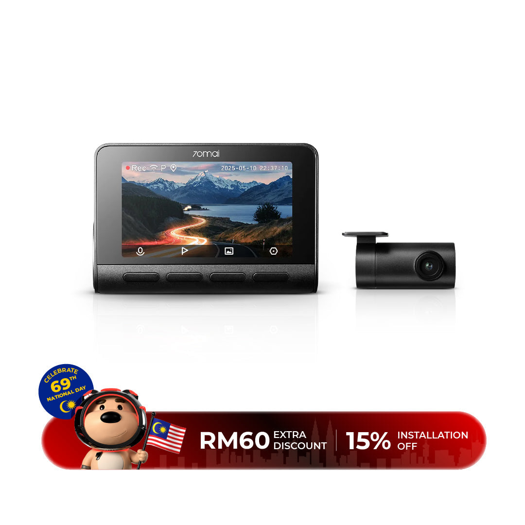 Front dashcam with built-in screen and detachable rear camera module, black