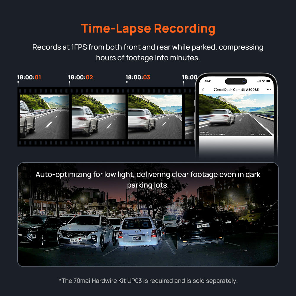 Dashcam time-lapse recording showing front and rear parking footage thumbnails
