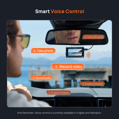 Dashcam with on-screen voice control prompts and dashboard camera unit