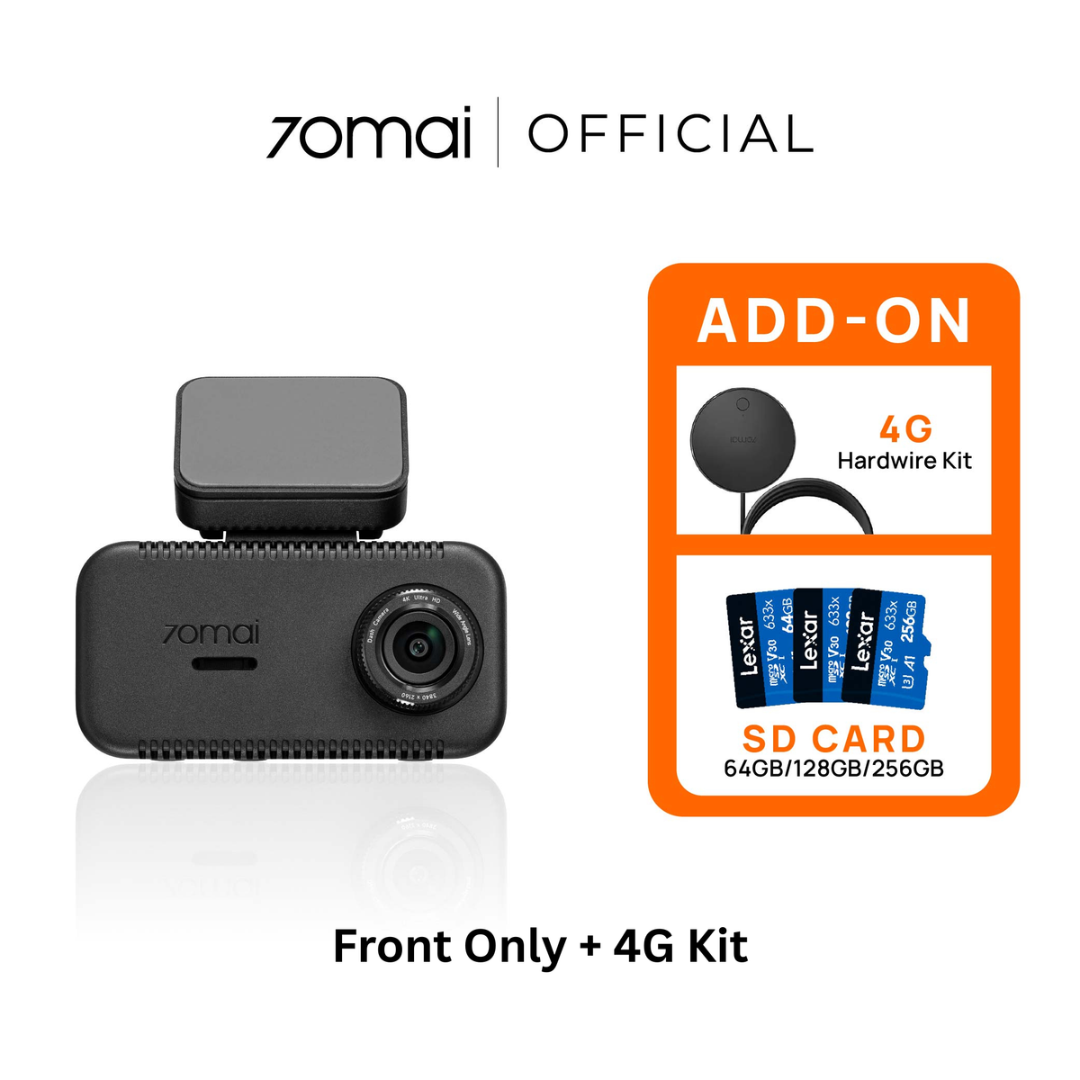 Black front-only 4K dash cam with 4G hardwire kit and SD memory card bundle