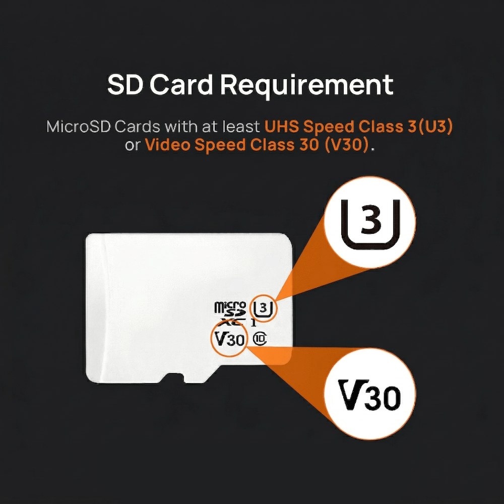 MicroSD card requirement graphic with UHS Speed Class 3 (U3) and V30 icons