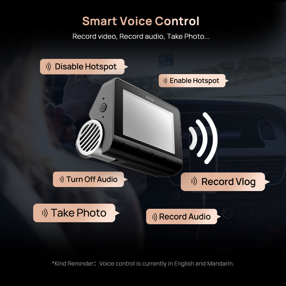 Dashcam voice control device with microphone and speaker icons for recording commands