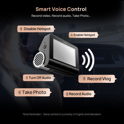 Dashcam voice control device with microphone and speaker icons for recording commands