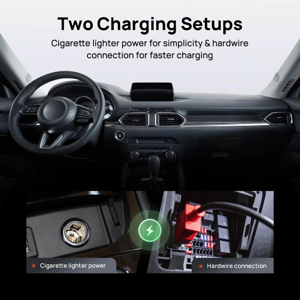 Plug-and-play dash-cam battery pack connected to a car cigarette lighter power outlet