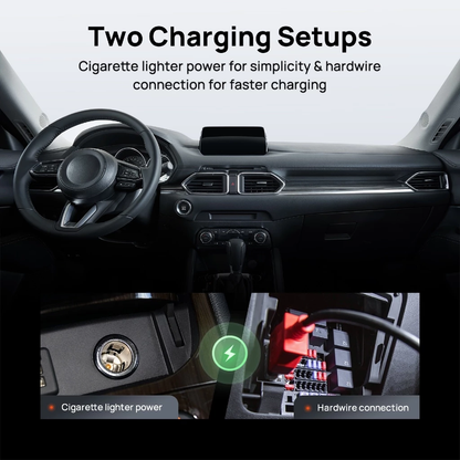 Plug-and-play dash-cam battery pack connected to a car cigarette lighter power outlet
