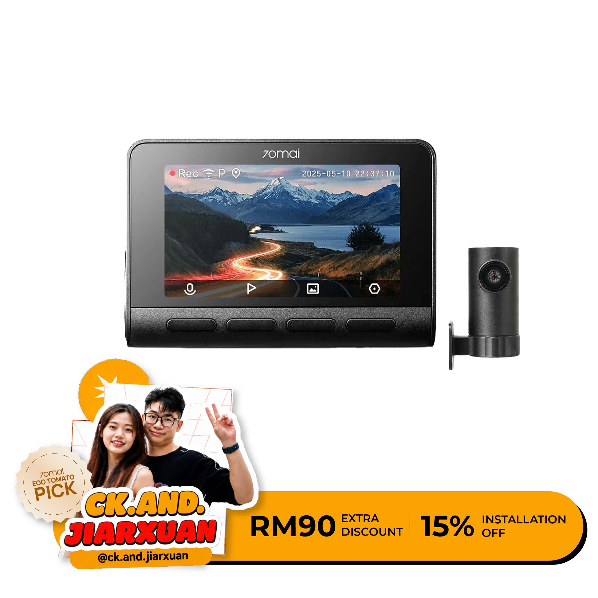 Front dash camera with screen and cylindrical rear camera module