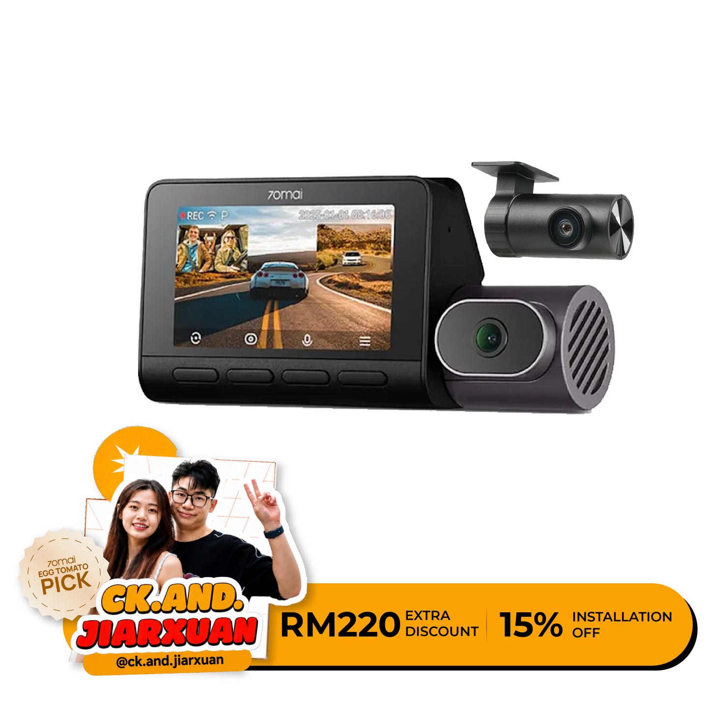 3-channel 4K dashcam with front camera and dashboard display, black