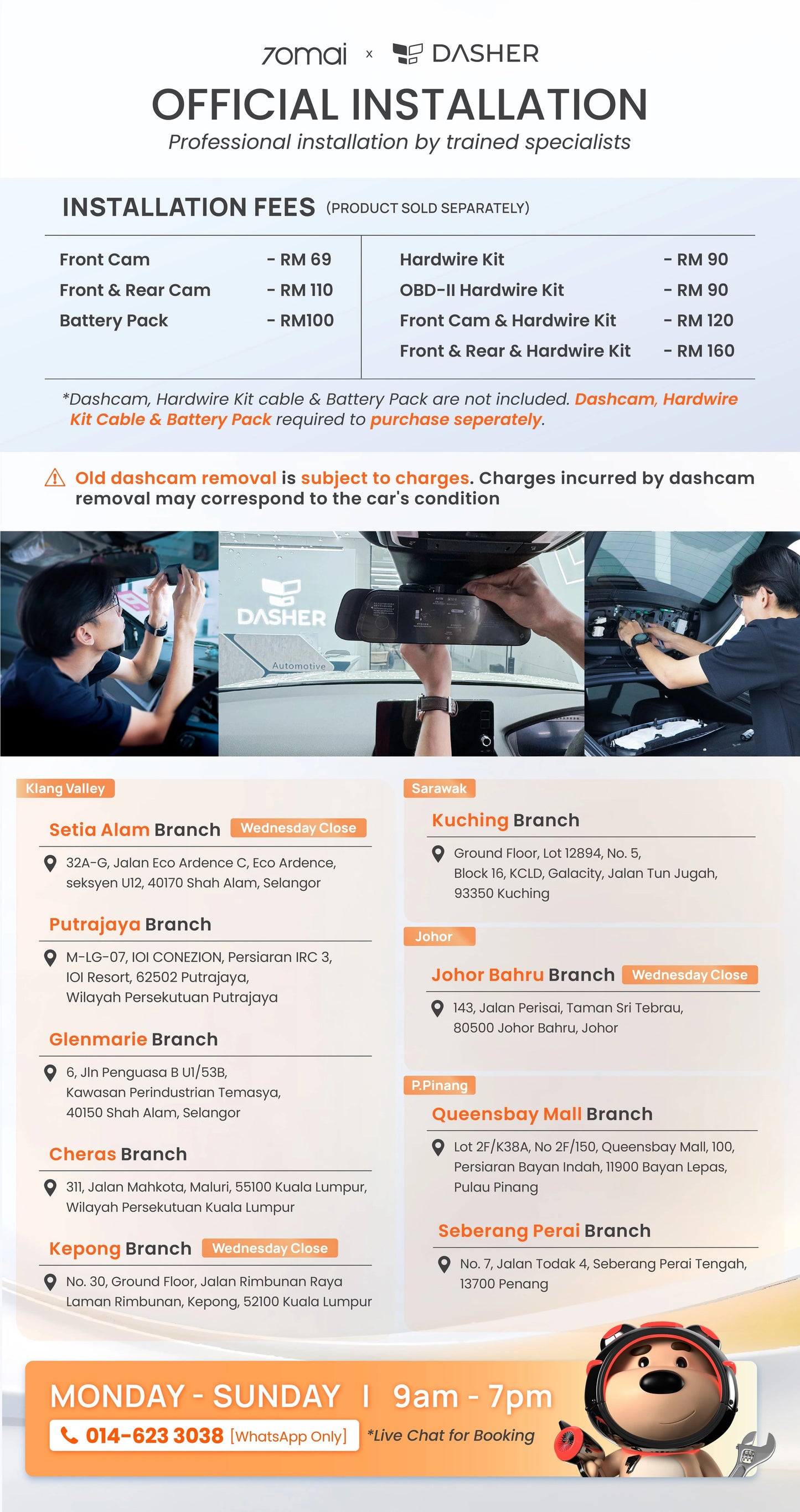 Dash cam official installation booking flyer with branches and hours details