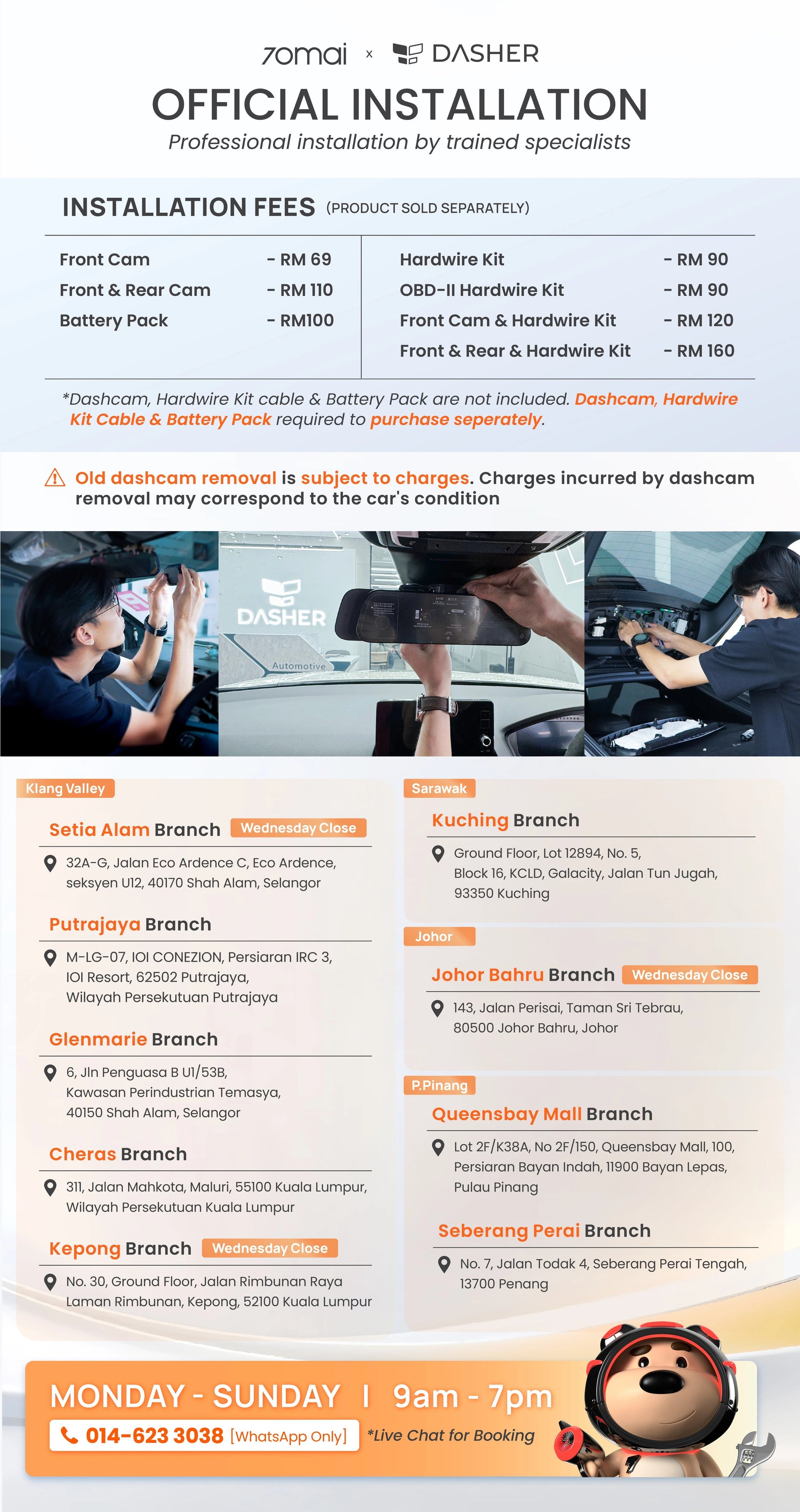 Dash cam official installation booking flyer with branches and hours details