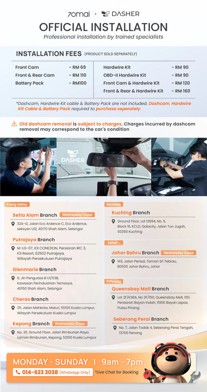 Dash cam official installation booking flyer with branches and hours details