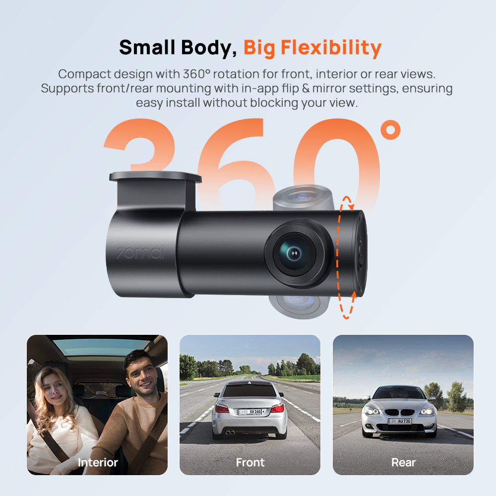 Dash cam infographic showing compact body and 360° rotation for front, interior, rear.