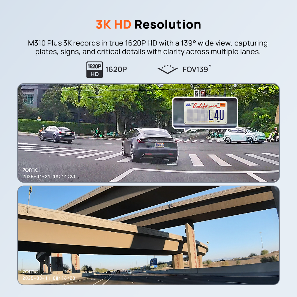 Dash cam 3K HD recording example with wide-angle road view and vehicle details.