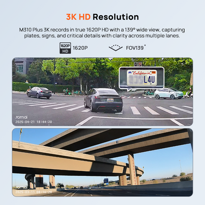 Dash cam 3K HD recording example with wide-angle road view and vehicle details.
