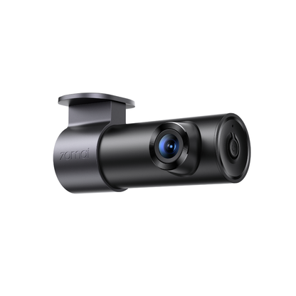 Black dash cam with front camera lens, cylindrical body, and side audio/mount port.
