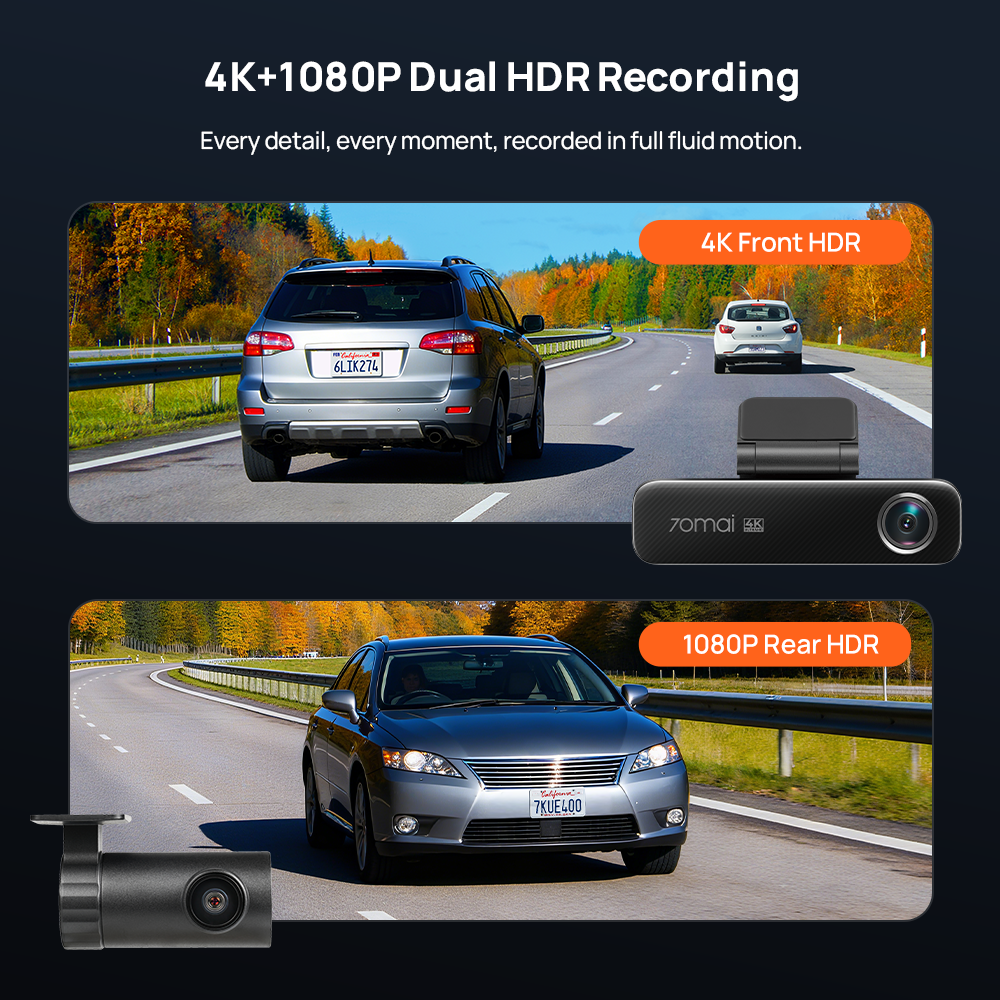 Dual-lens dash cam shown with front and rear recording scene overlays