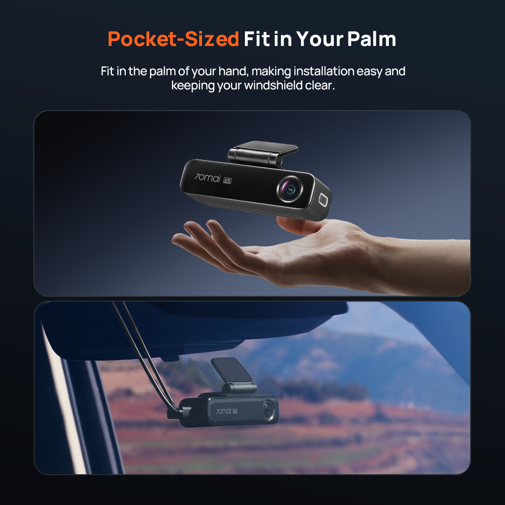 Compact dash cam held in a hand with front and rear lens modules