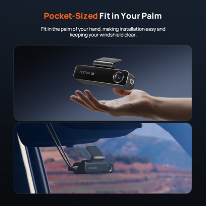 Compact dash cam held in a hand with front and rear lens modules