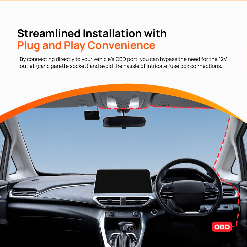 Plug-and-play installation setup showing OBD Type-C connection in a car interior