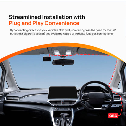 Plug-and-play installation setup showing OBD Type-C connection in a car interior