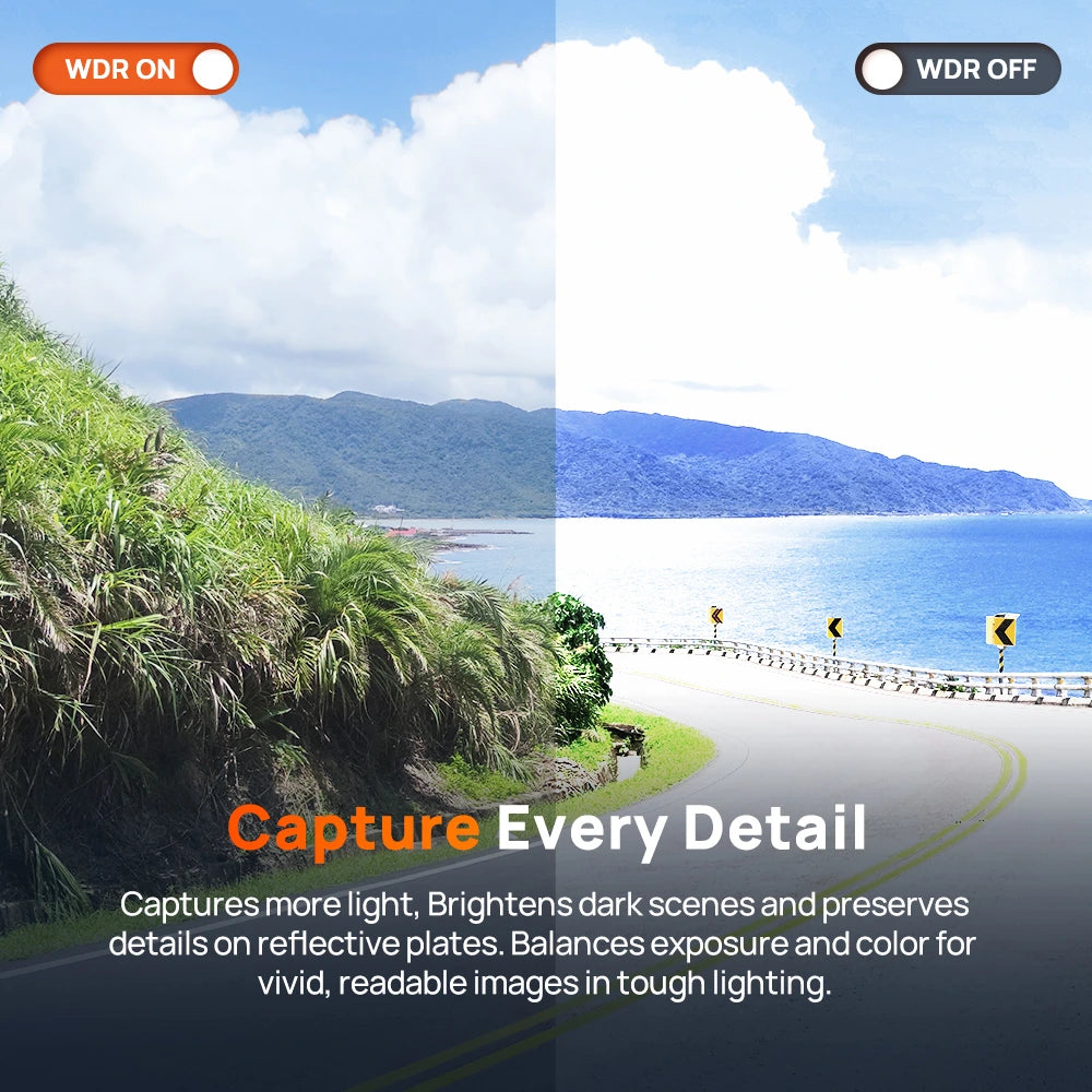 Dash cam viewing concept with wide roadway scene and two split exposure panels