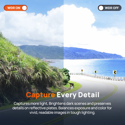 Dash cam viewing concept with wide roadway scene and two split exposure panels