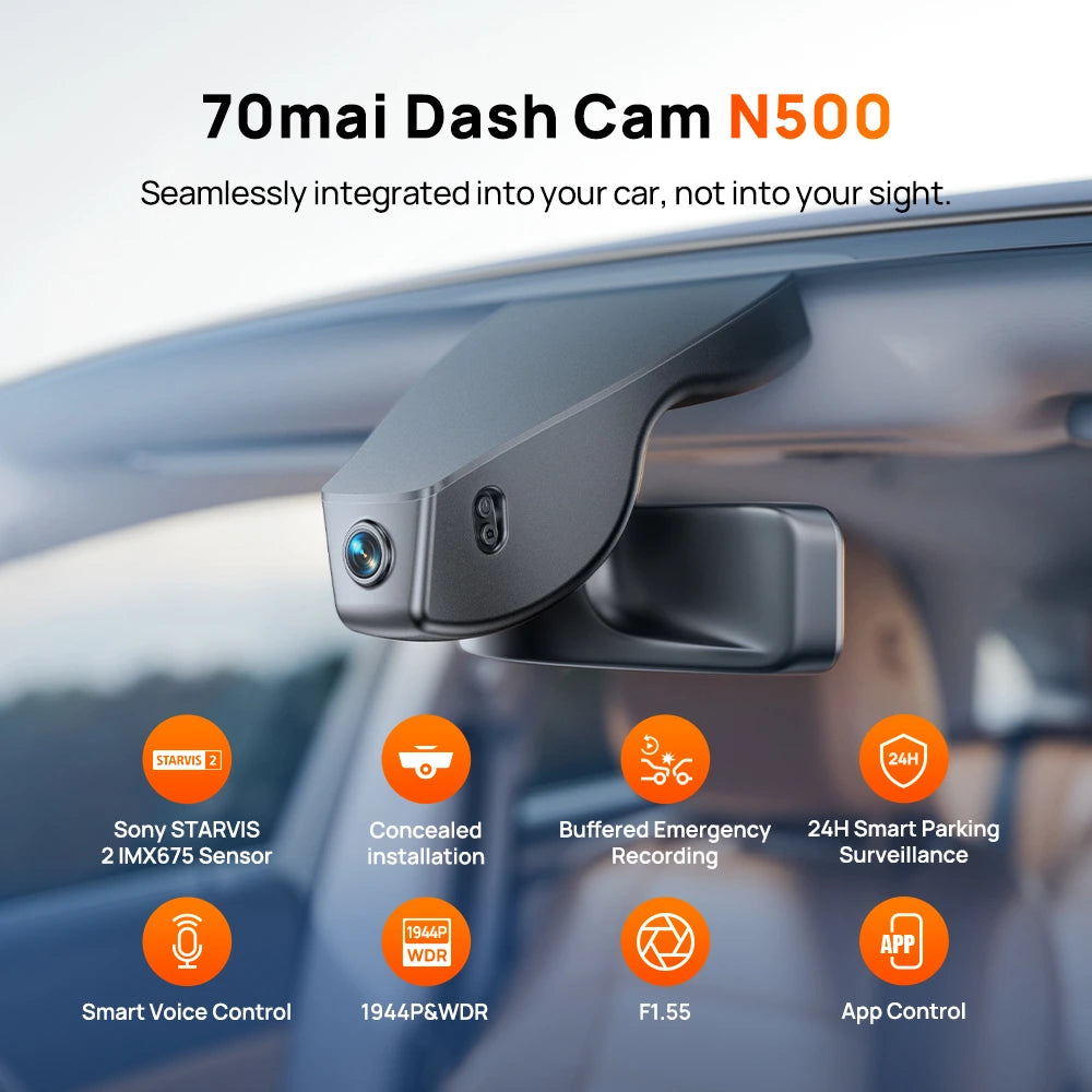 7omai N500 dash cam mounted on car dashboard with front lens and indicator lights